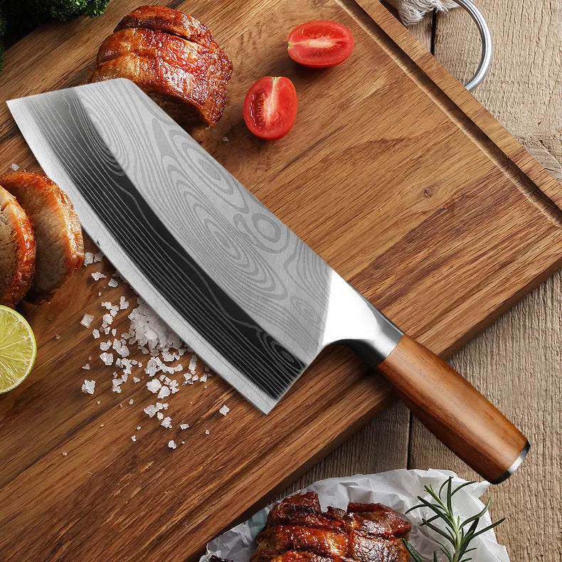 Stainless steel kitchen knife with a 320mm long blade and a black handle.