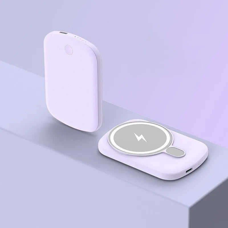Magsafe magnetic wireless power bank in Barbie Pink, showing slim design and dimensions.