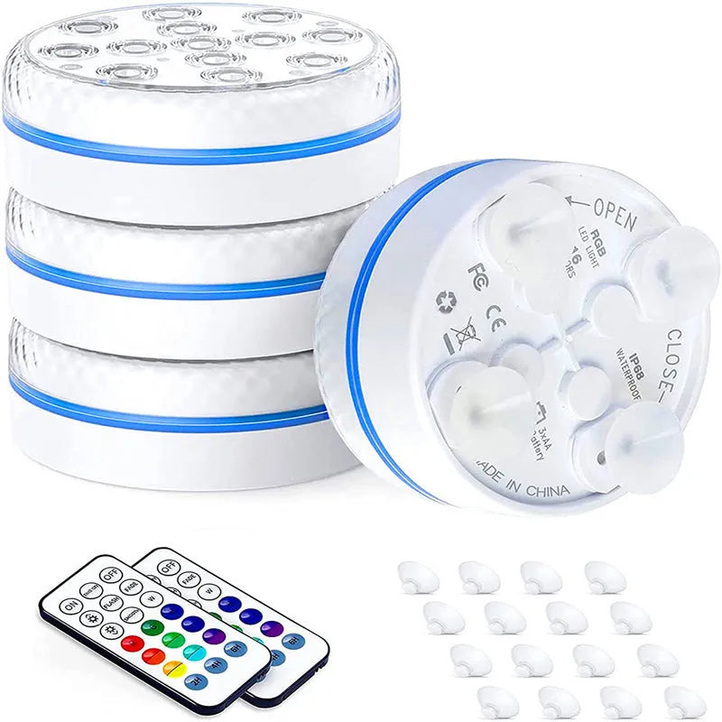 Waterproof remote control colour changing diving light with ABS case for pool and garden use.