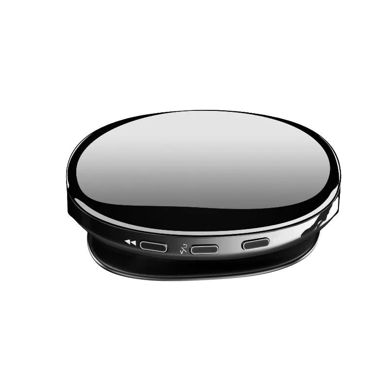 Blue Bluetooth MP4 music player with OLED display showing track info, placed next to headphones.
