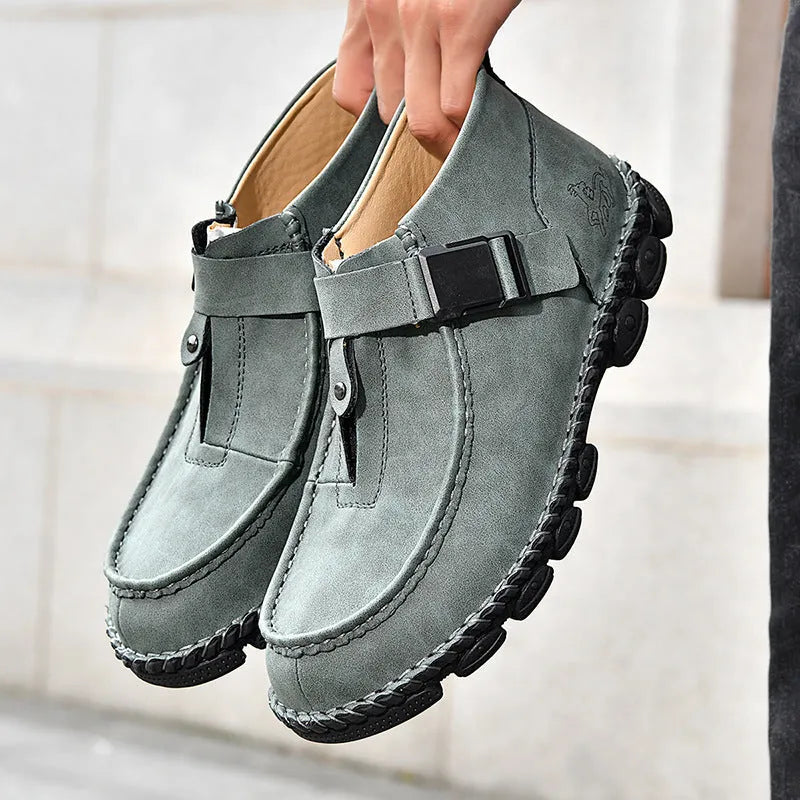 Handmade stitching casual slip on shoes in PU leather with flat sole, available in black, green or brown