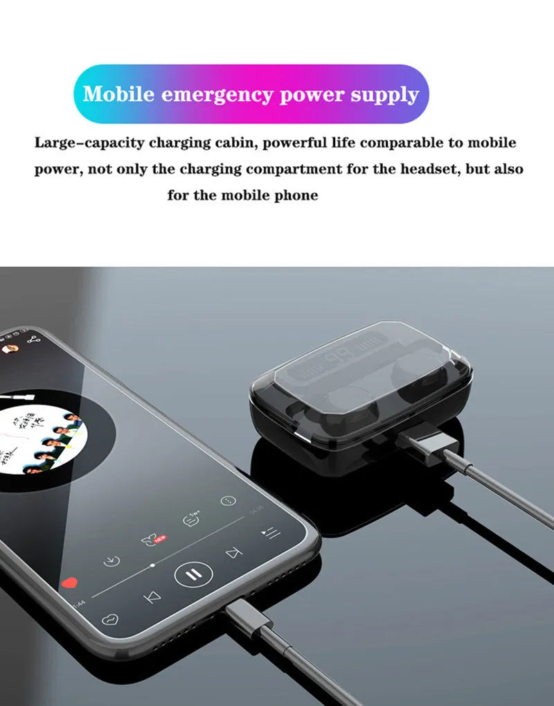 Black M11 style Bluetooth wireless headset with digital display and charging case