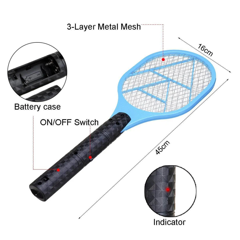Blue battery powered electric mosquito swatter with LED light and safety guard, 45cm length