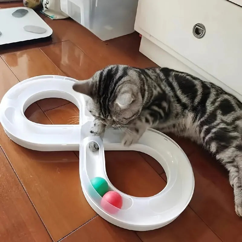 Blue and white cat turntable track ball toy with teasing stick attachment measuring 50cm