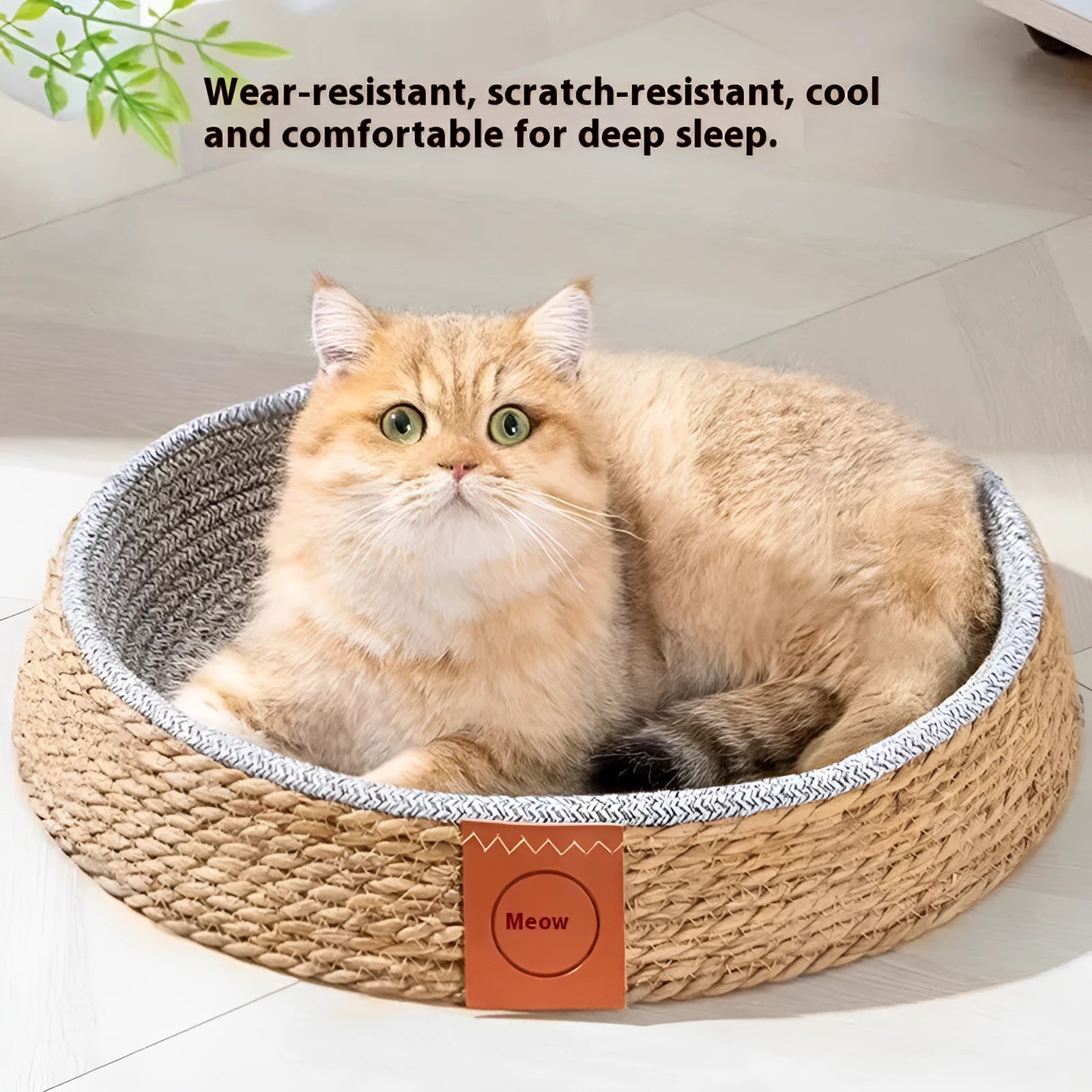 Natural woven rattan cat bed nest for pets, shown in size L.