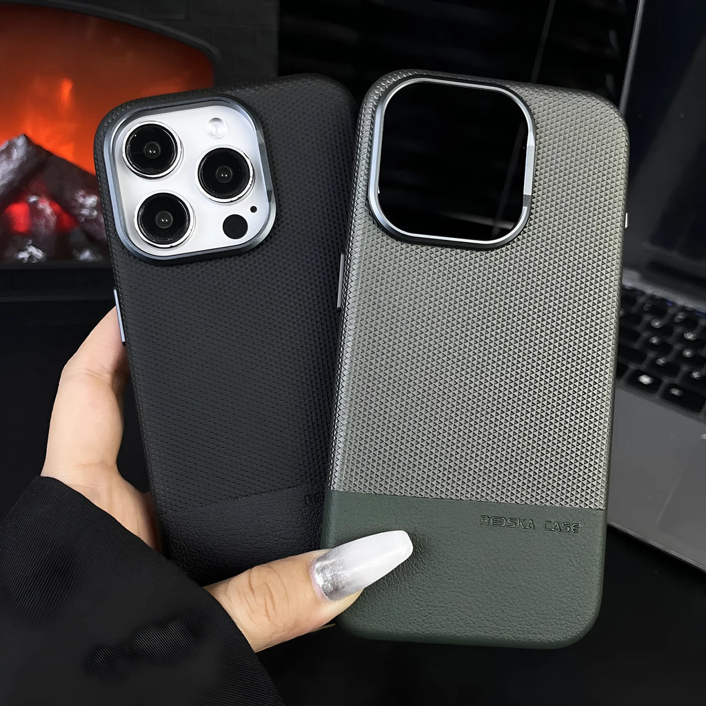 Black magnetic iPhone case with dragon scale texture and leather-like stitching, shown on an iPhone 15 Pro Max.