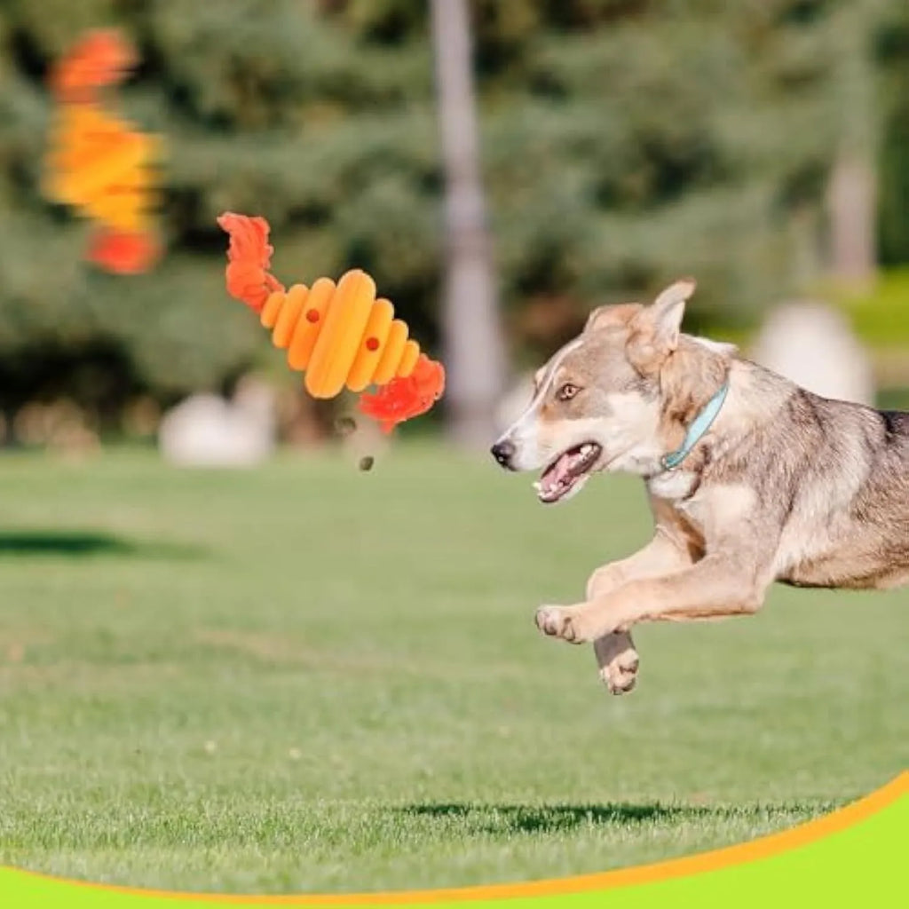 Green and yellow dog ball with rope attachment, showing treat-dispensing hole.