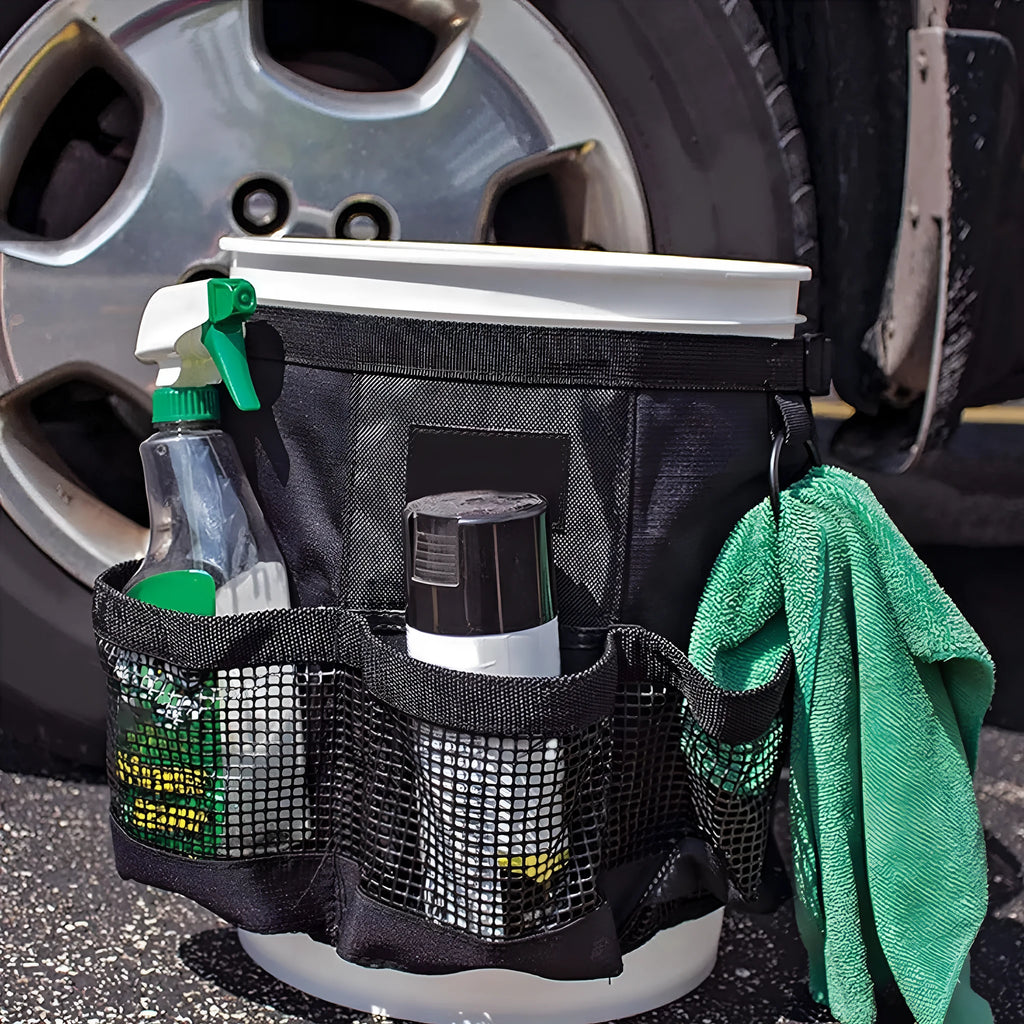 Black cylindrical polyester hanging storage bag designed for a 5-gallon barrel.