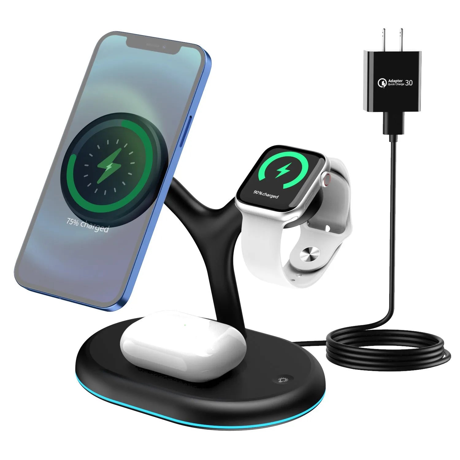 Black multifunctional magnetic wireless charger and power bank with stand function on a table.