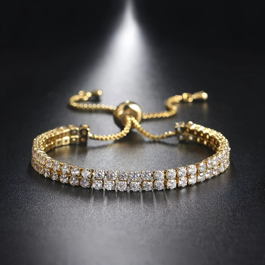 Fashion double row zircon bracelet for women, copper metal, rhinestone stones, platinum white colour option