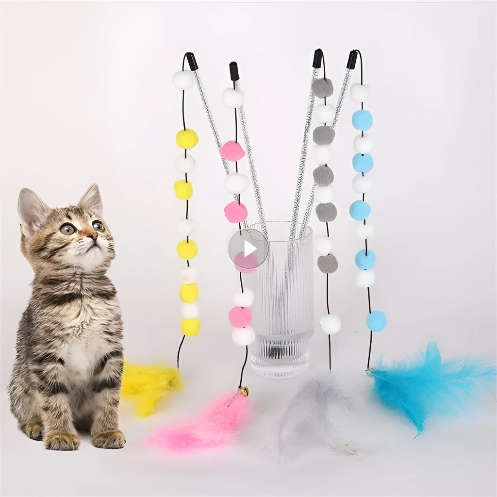 31cm long cat teaser interactive toy rod with feather pompon and bell attachment