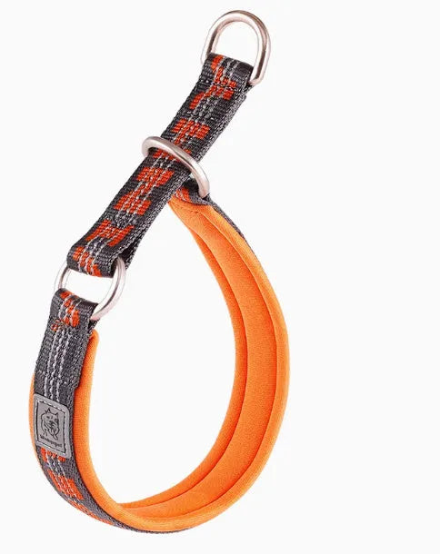 P-chain dog walking collar in reflective army green nylon with aluminium hardware, shown on size chart from 2XS to 3XL.