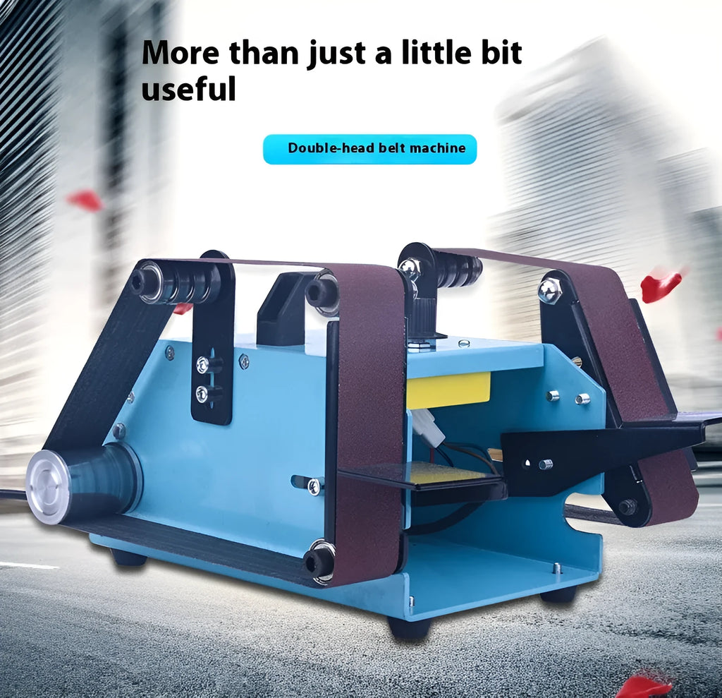 Blue desktop dual-axis belt sander on a workbench, a 750W sharpening and polishing tool.