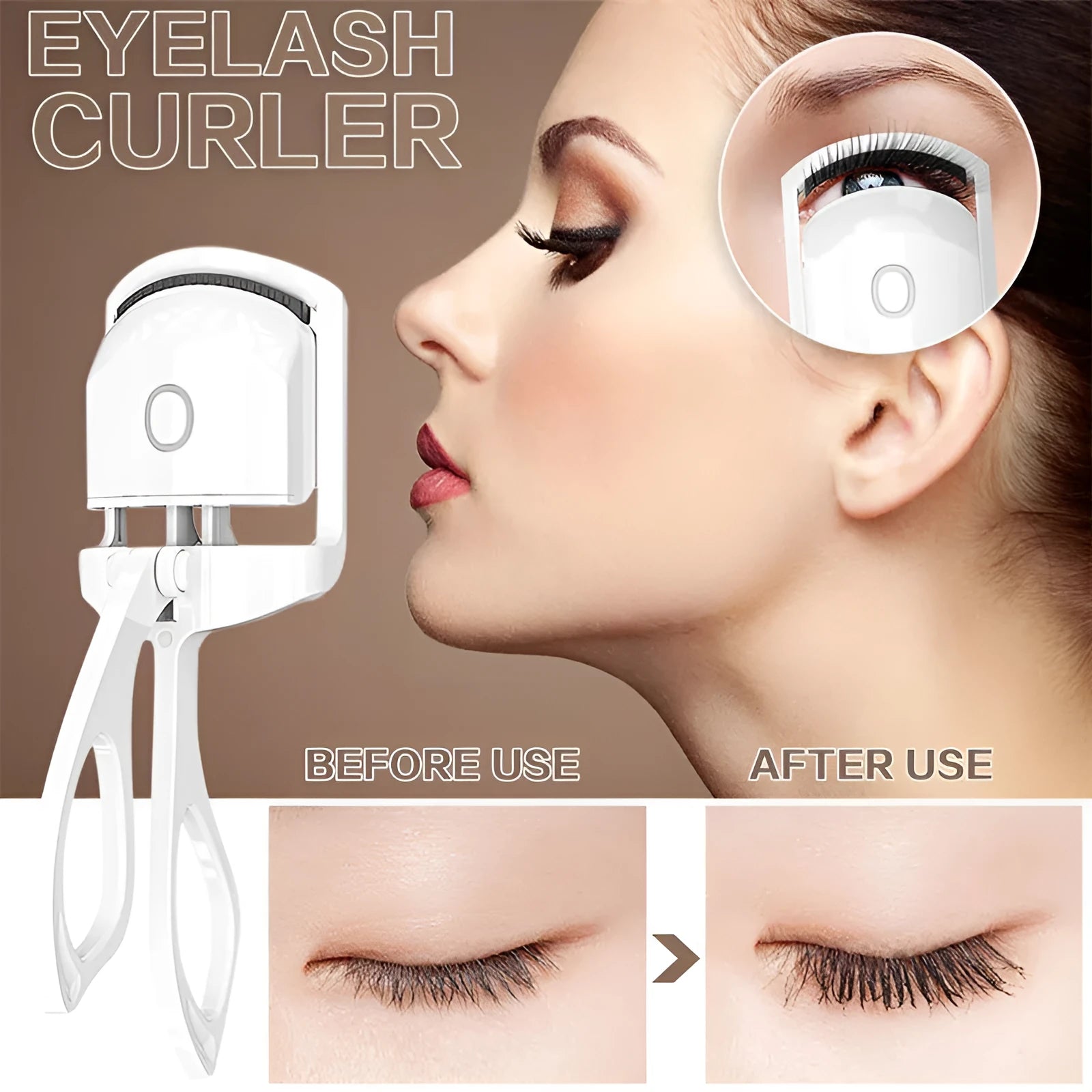 White USB rechargeable heated eyelash curler with dual temperature buttons and compact design.