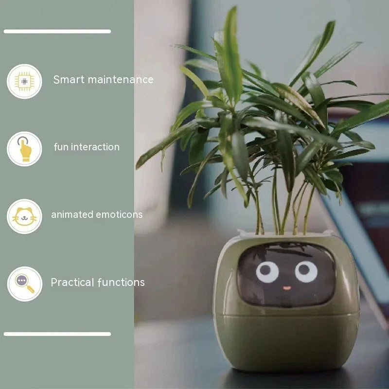 Smart planter with 7 sensors and AI chips, over 49 expressions, water level monitor, small indoor pot 114x100x96mm in pink