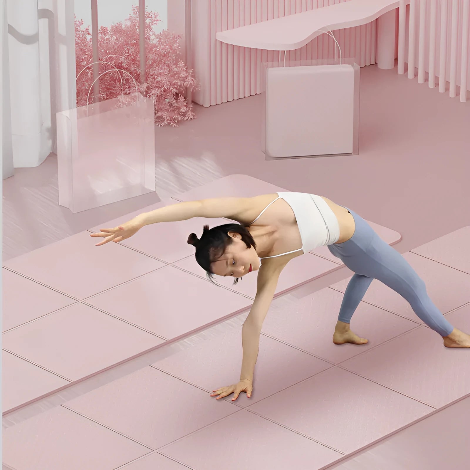 A folded and unfolded purple TPE gymnastic mat on a wooden floor.
