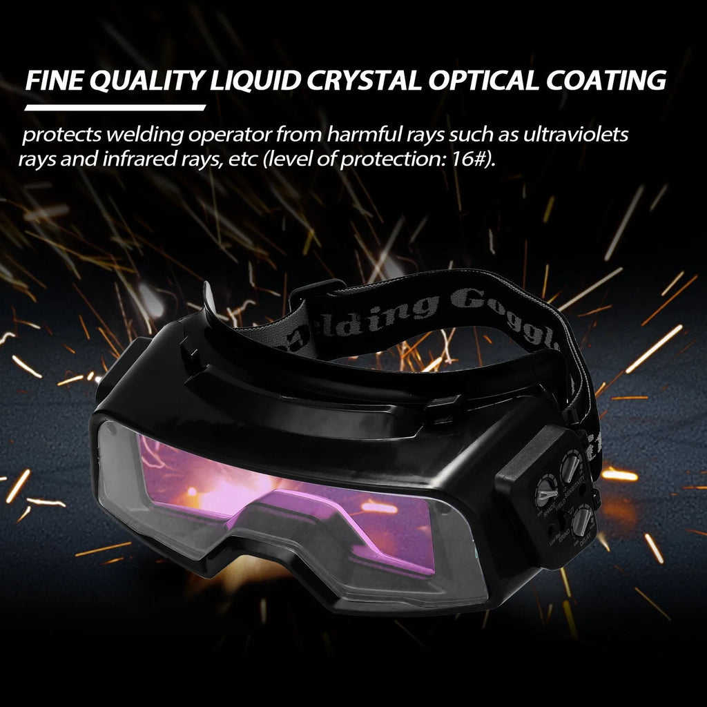 Black automatic darkening welding mask with large viewing lens for arc welding protection.