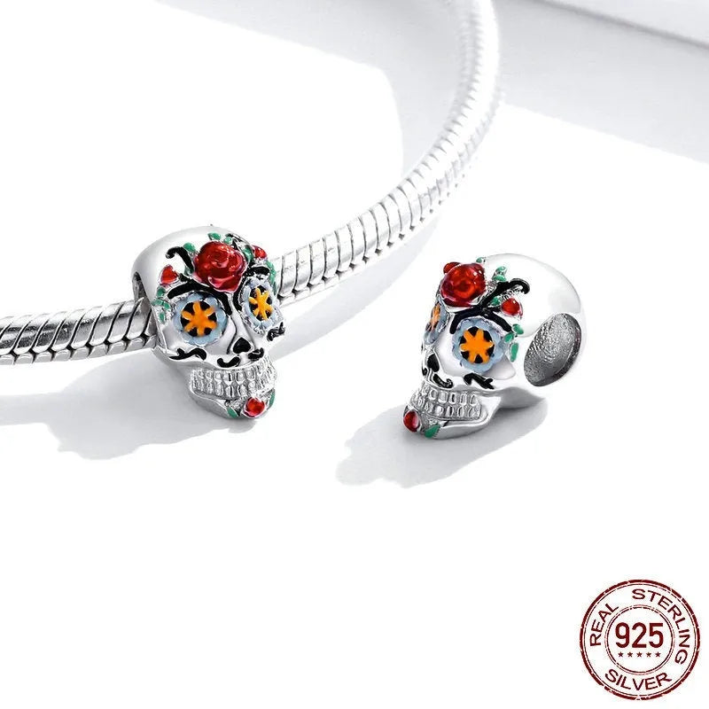 925 sterling silver Halloween skull bead with pumpkin skull motif, platinum plated, 1.8g, 1.3x0.8cm