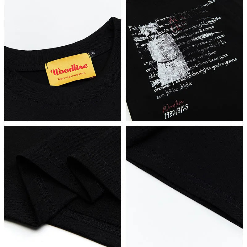 Men's black cotton t-shirt with white printed letter design and loose retro styling