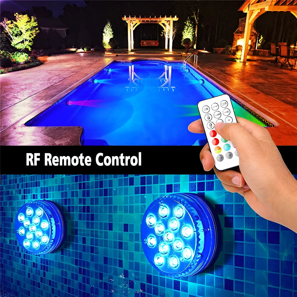 Waterproof remote control colour changing diving light with ABS case for pool and garden use.