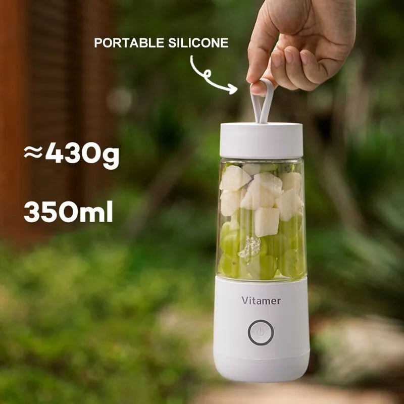 White portable USB rechargeable blender juicer with 350ml Tritan cup and silicone carry handle