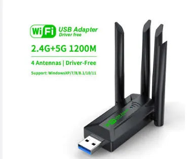 Black USB network transmitter with four extended antennas for wireless signal coverage