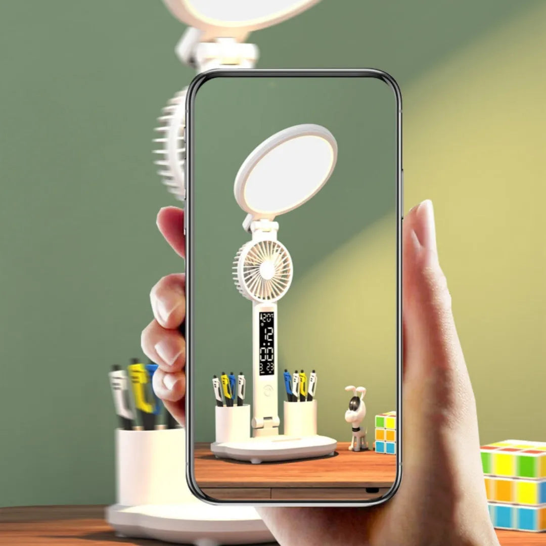 LED clock table lamp with USB charging, dimmable, foldable, with built-in fan and pen holder options, 7 watts, 40 LED beads