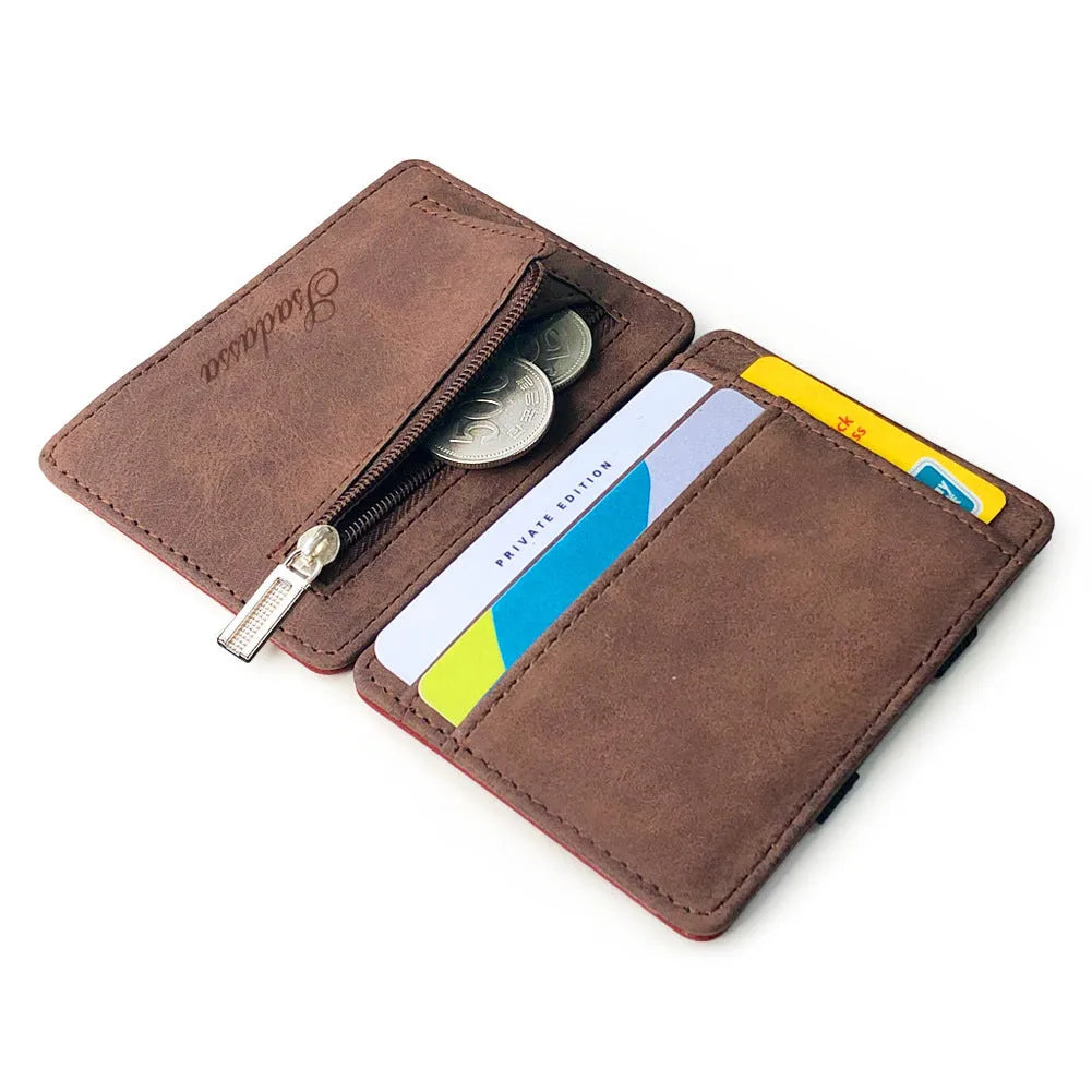 Korean style matte leather magic wallet in horizontal square shape showing coin pocket and sewn detailing.