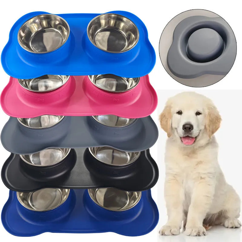 Large silicone pet feeding mat with two bowl slots in blue colour on hard floor