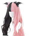 Harajuku Japanese Lolita style long curly black and pink wig with bangs on a wig stand.