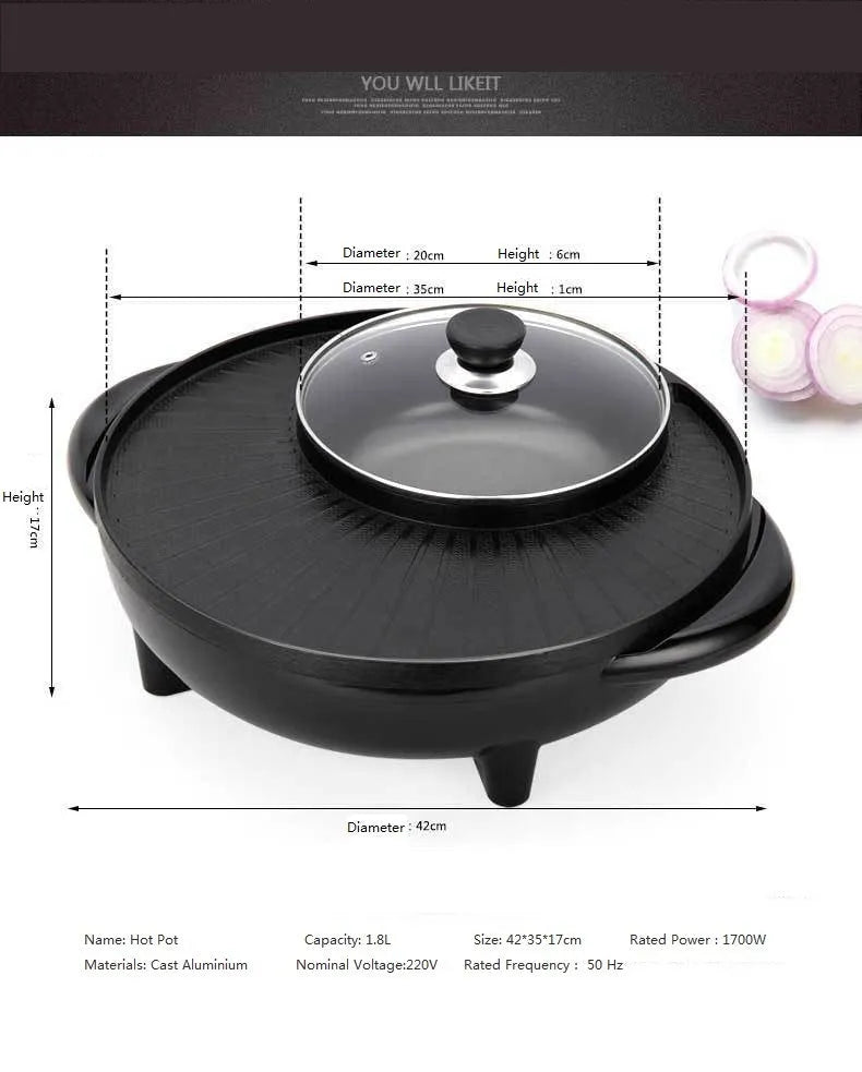 Black Korean-style shabu-shabu electric grill with aluminium alloy inner pot and wave plate baking tray