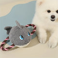 Turtle shaped plush dog chew toy with knotted rope interior in grey green and orange colour options