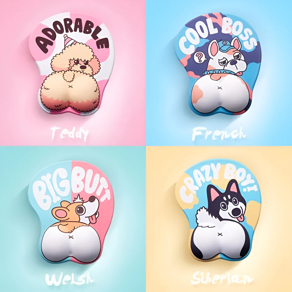 3D corgi-shaped mouse pad with raised wrist support cushion on a desk