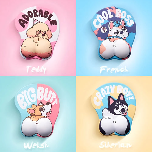 3D corgi-shaped mouse pad with raised wrist support cushion on a desk