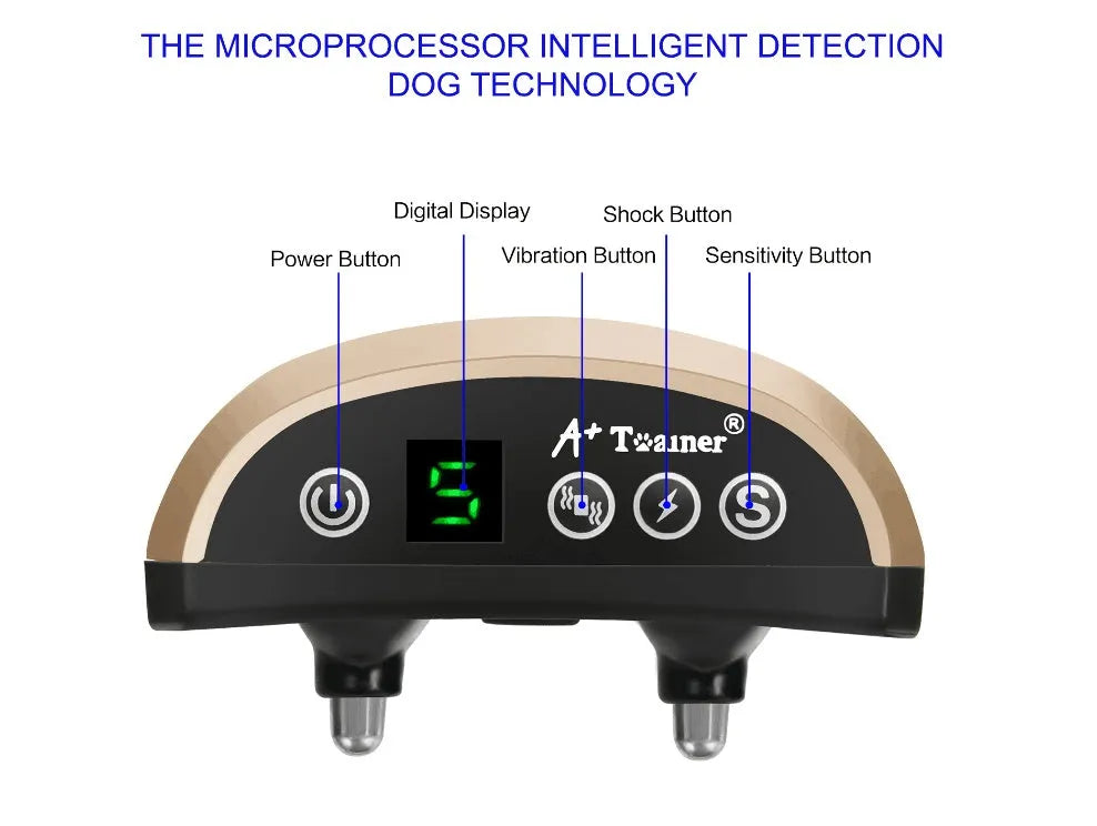Black electronic dog bark collar with digital display and adjustable reflective strap.