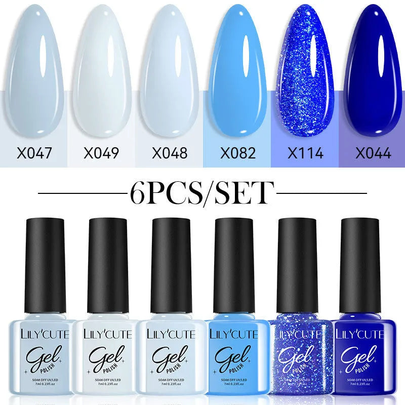 Set of 20 UV gel nail polish bottles in various colours including glitter and nude shades for nail art
