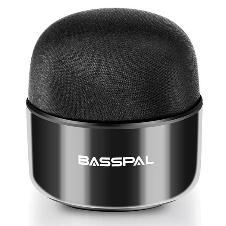 Black portable mini Bluetooth speaker with plastic shell and button controls.