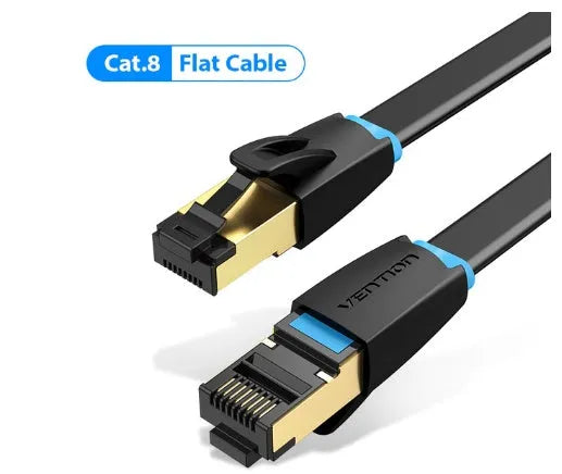 CAT8 shielded network cable with RJ45 connectors in flat and round styles for 10G high-speed home gaming