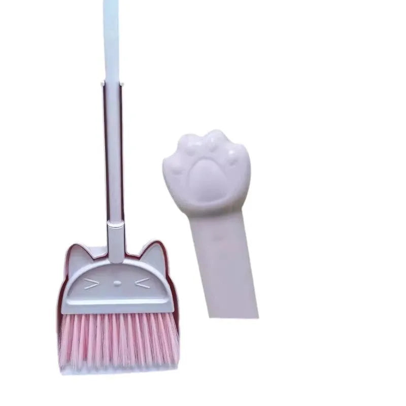 Purple broom and dustpan set with rotating brush holder for household floor cleaning