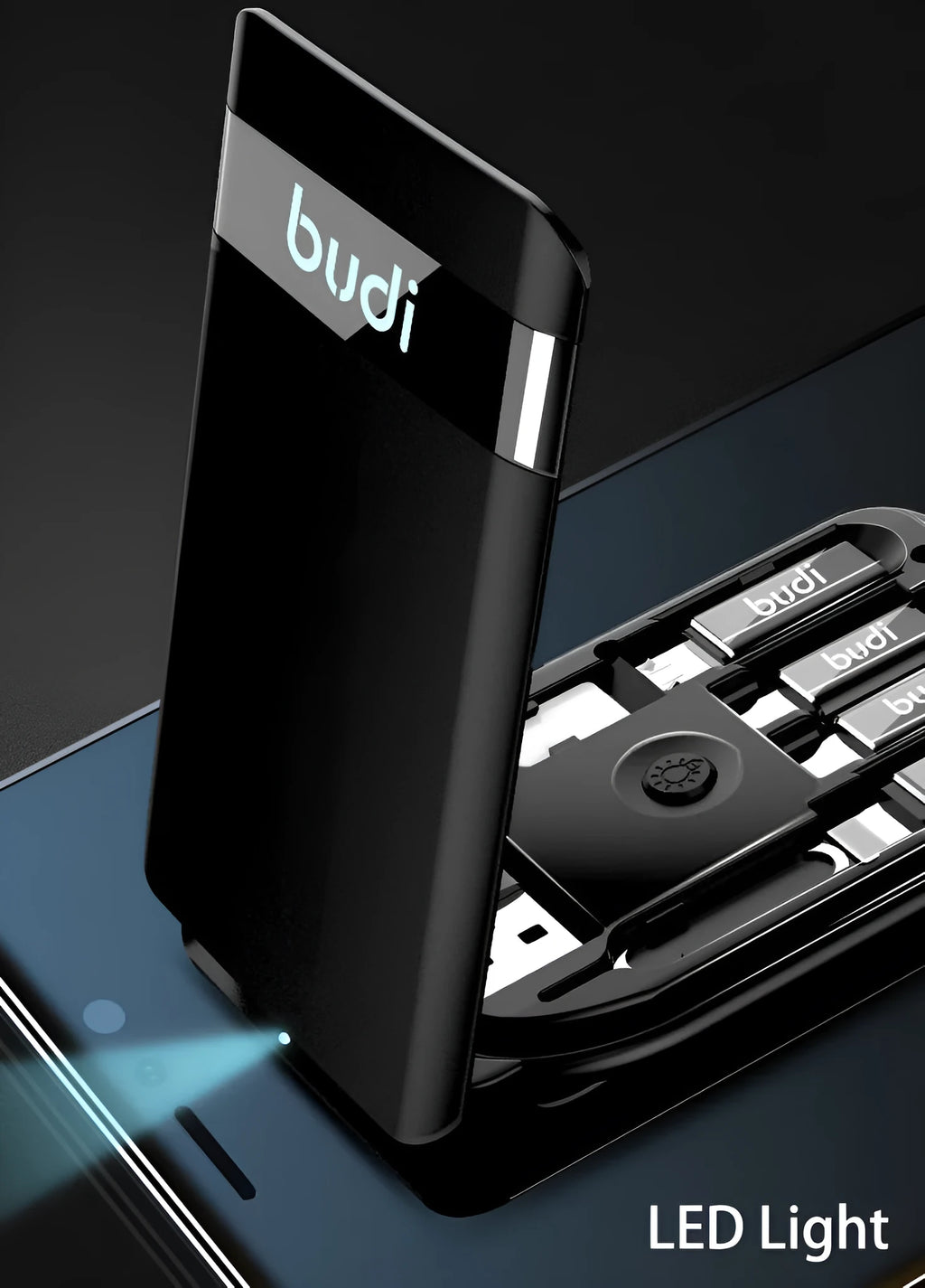 Black digital urban survival card with a short attached cable, conversion head, and slots for TF and nano SIM cards.