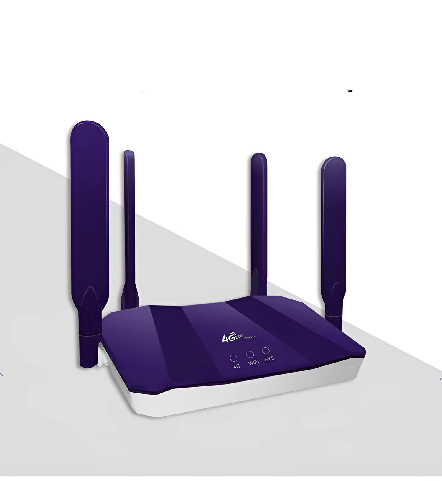 Blue dual-mode 4G router with four external antennas, showing front panel and ports.