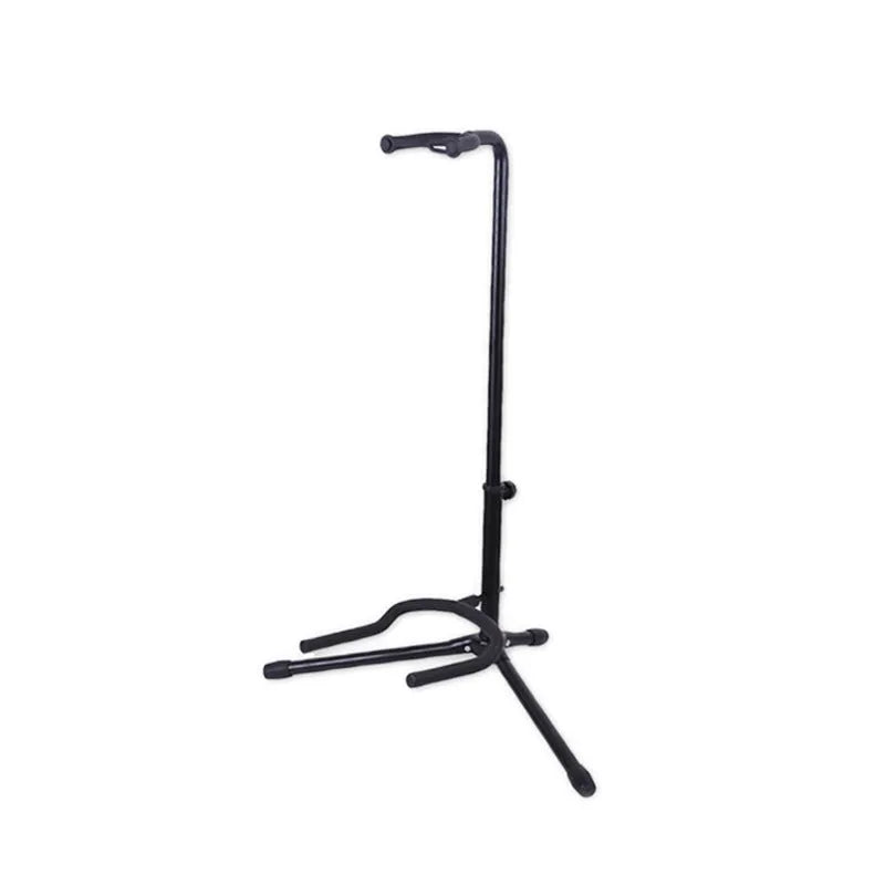 Black foldable metal guitar stand with rubber pads, holding an acoustic guitar.