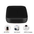 Black universal infrared remote control with voice command, WiFi connectivity, and temperature humidity sensors.