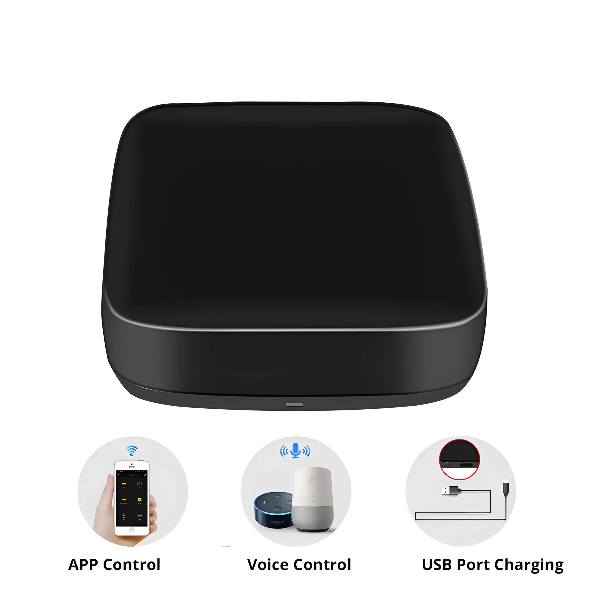 Black universal infrared remote control with voice command, WiFi connectivity, and temperature humidity sensors.