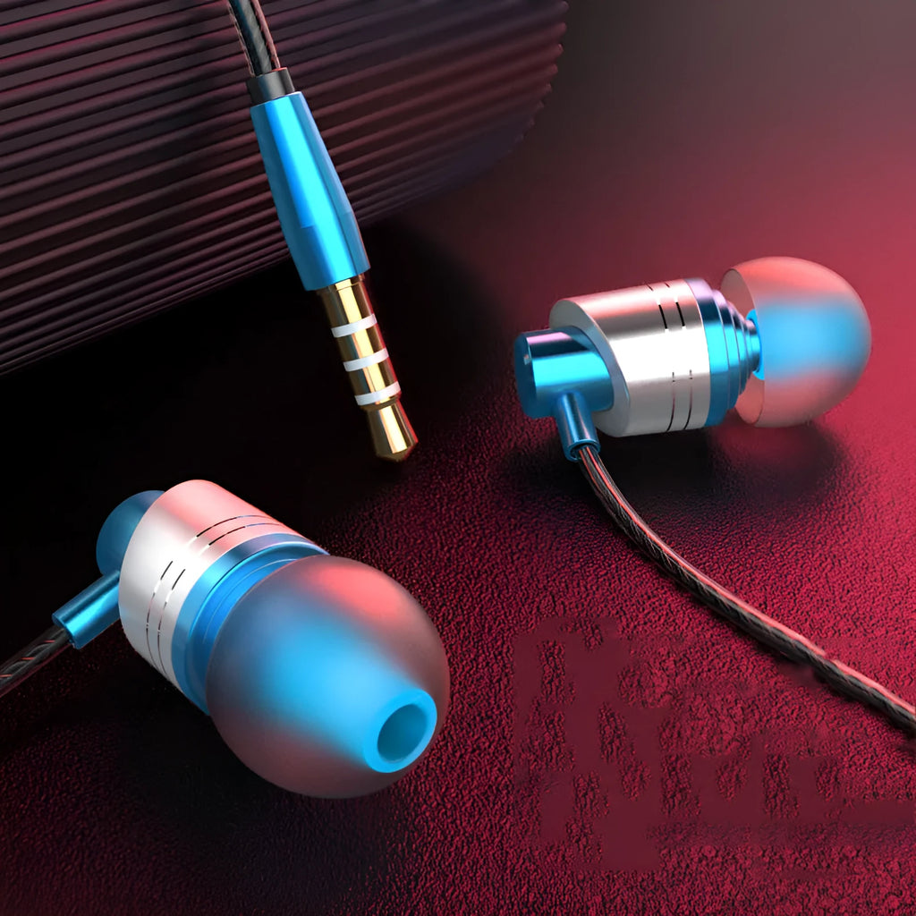 Black wired in-ear headphones with a detachable metal cable and in-line microphone on a 1.2m TPE cord.