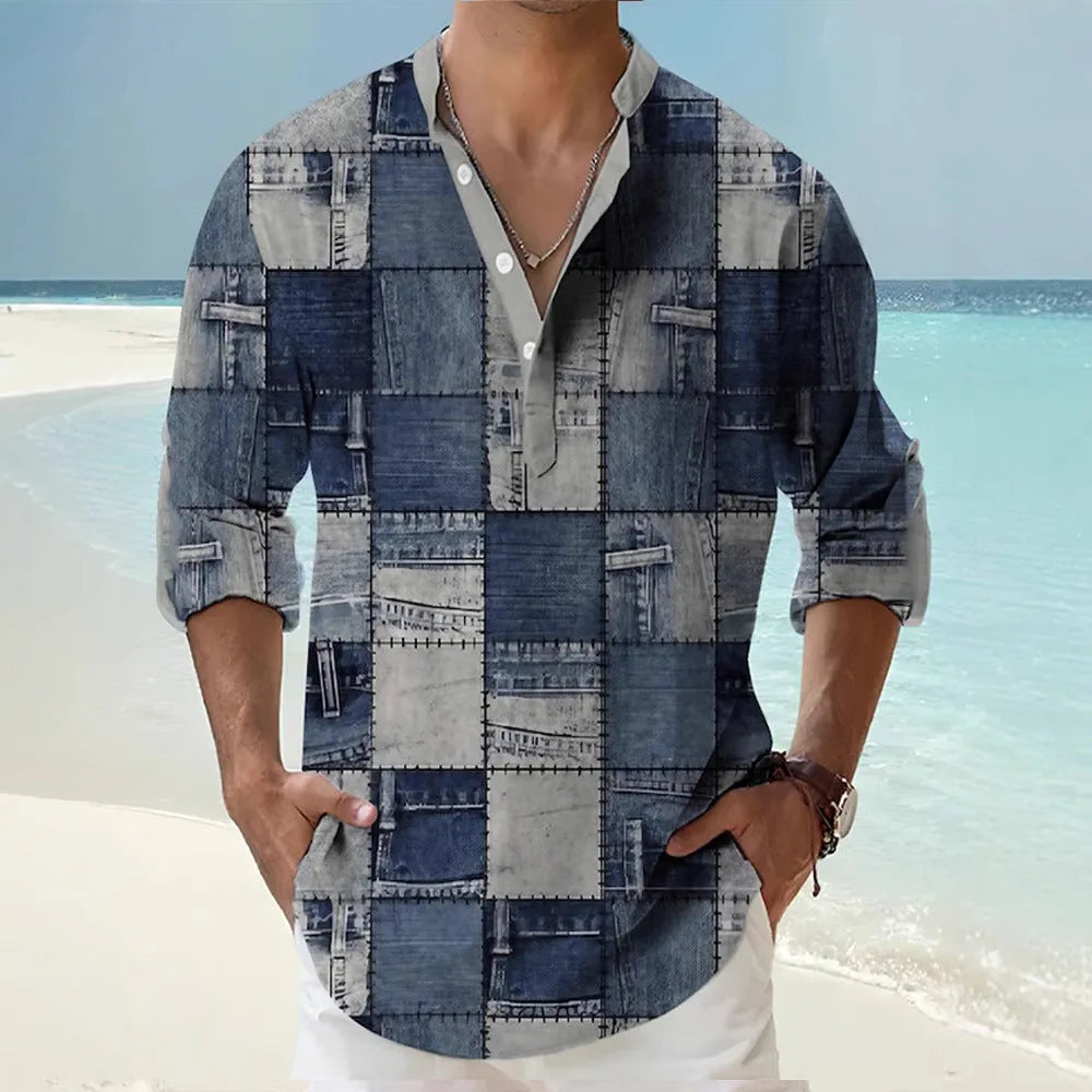 Long sleeve striped Hawaiian shirt in thin polyester fabric on a hanger.