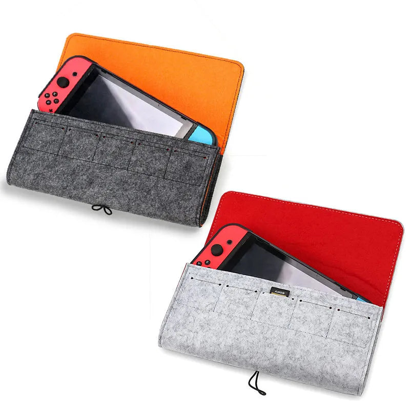 Black felt pouch case for Nintendo Switch open to show console compartment and five game card slots.