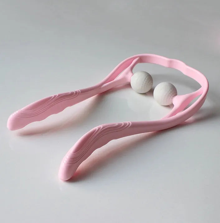 Handheld manual neck massage roller with adjustable stand and removable soft head in blue, green, or pink.