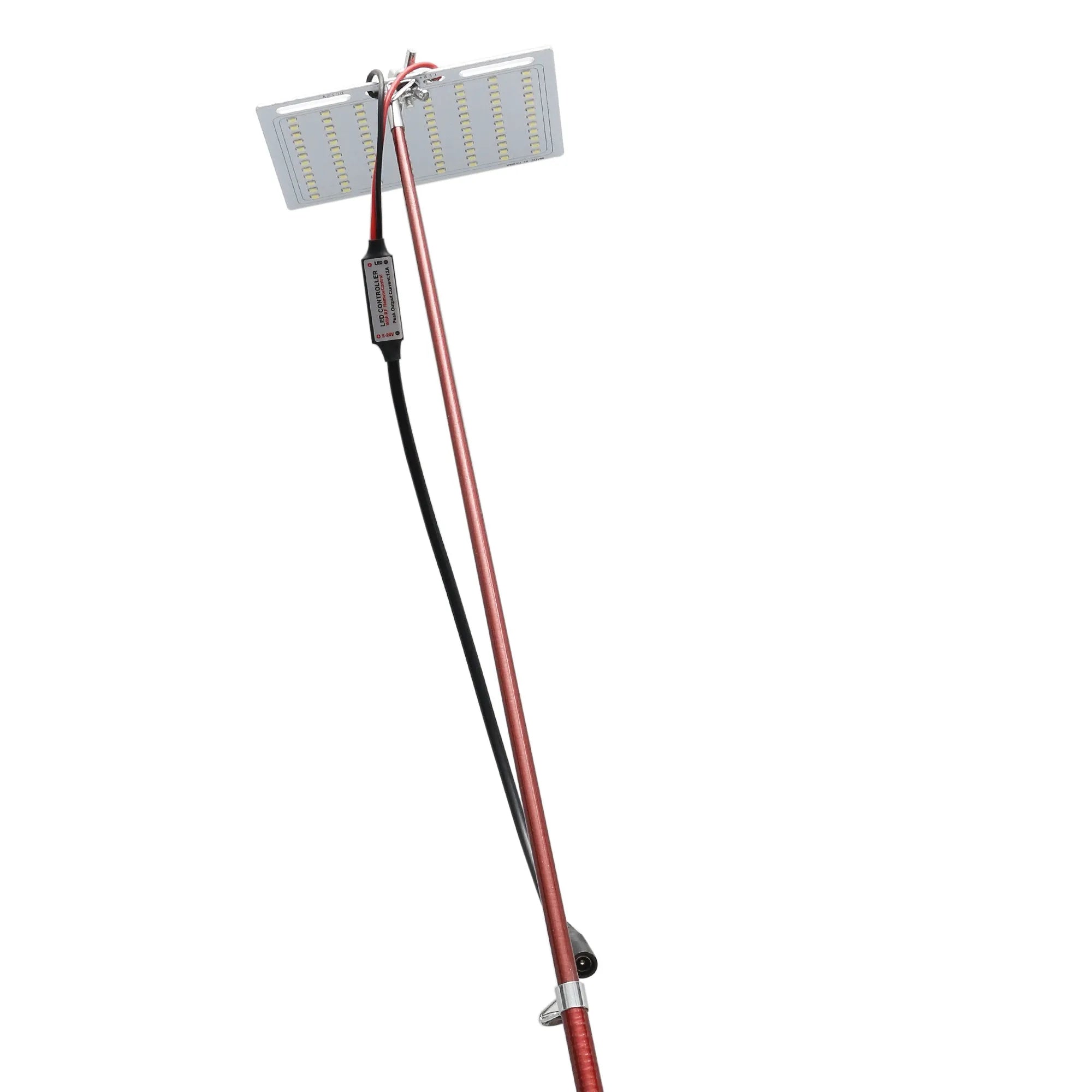 White LED fishing rod light unit mounted on a tall telescopic pole with a remote control