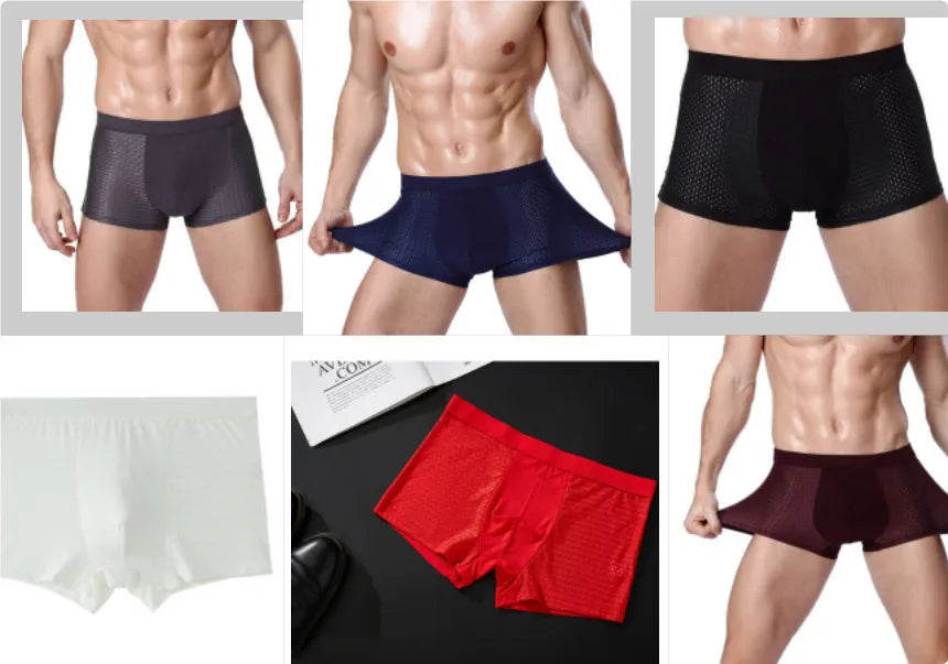 Men's ice silk modal boxer briefs showing U convex design in multiple colour options